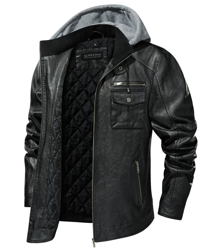 Stylish black faux leather men's jacket with a stand-up collar and front zipper, ideal for urban fashion