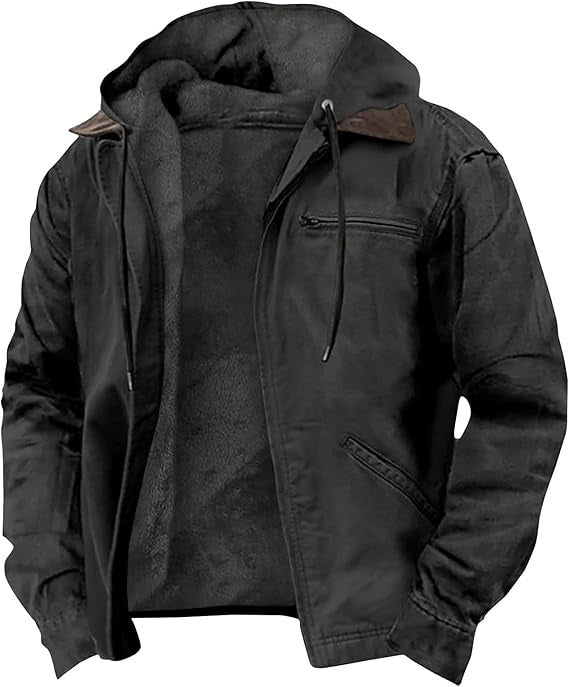 Men's Urban Explorer hooded jacket in black fleece for casual autumn streetwear, front view.