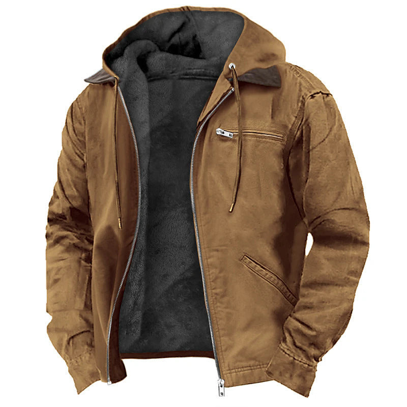 Urban Explorer men's hooded jacket, gray casual outerwear for winter, featuring full zipper.