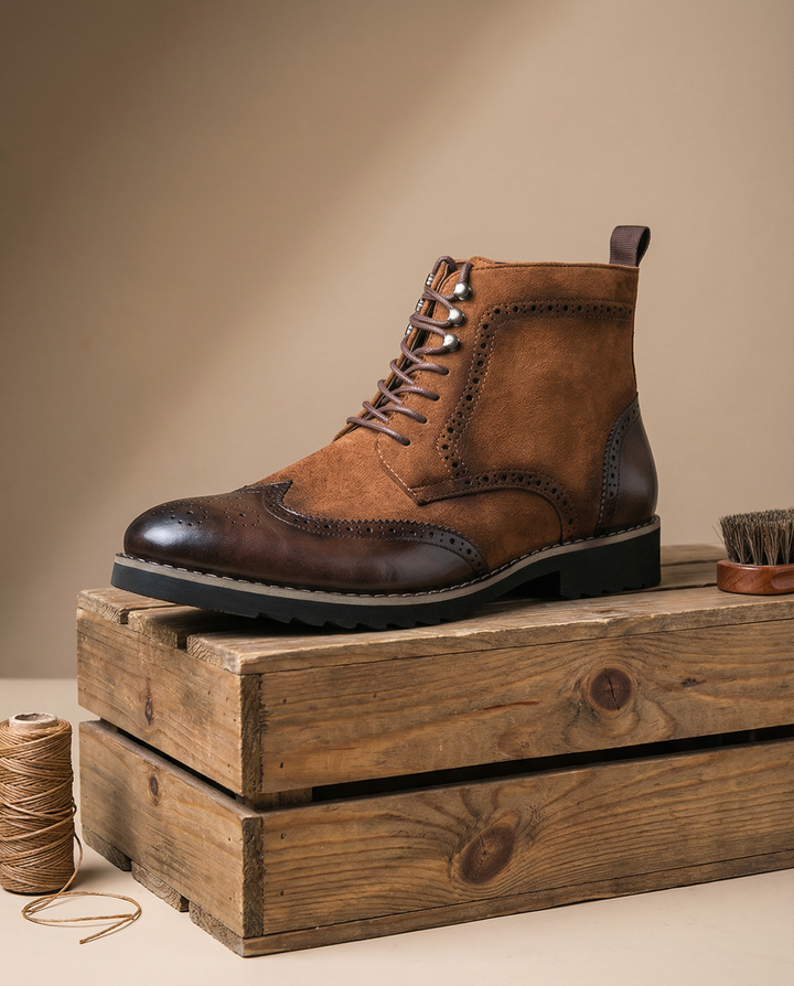 A close-up of Men's Urban Explorer boots highlighting the rich leather and soft suede texture