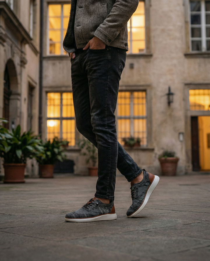 Top-down view of men's breathable knit sneakers, highlighting the modern urban footwear design.
