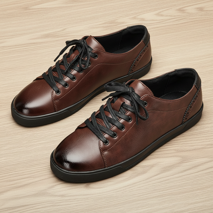 Stylish black men's leather casual shoes with durable traction soles