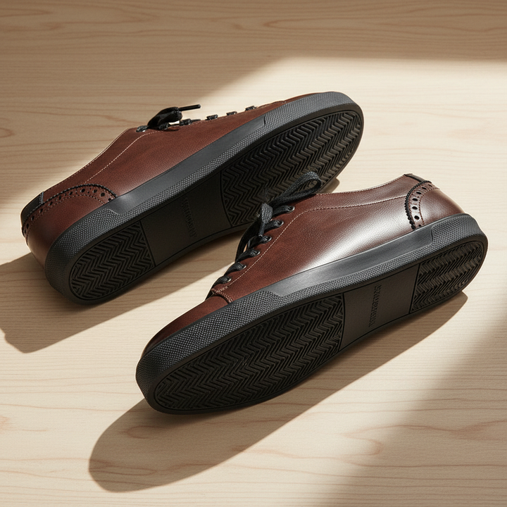 Close-up of men's urban leather casual shoes, tan, showcasing stitching and texture