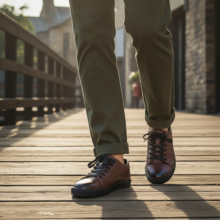 Side view of blue men's urban leather casual shoes, emphasizing durable design