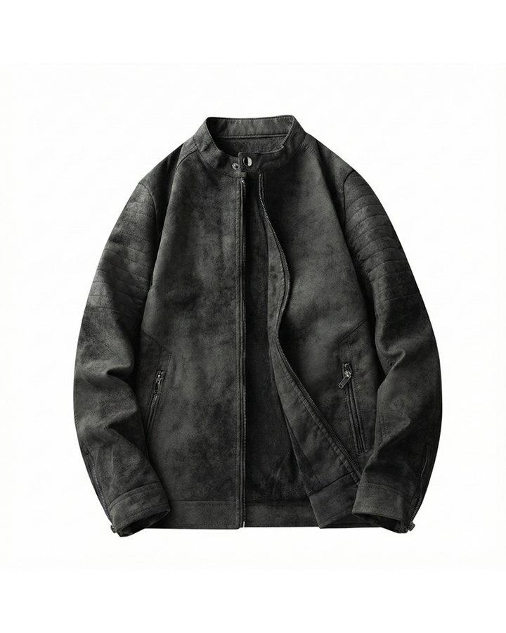 Men's urban moto-style faux suede jacket with quilted detailing, perfect for fall fashion.