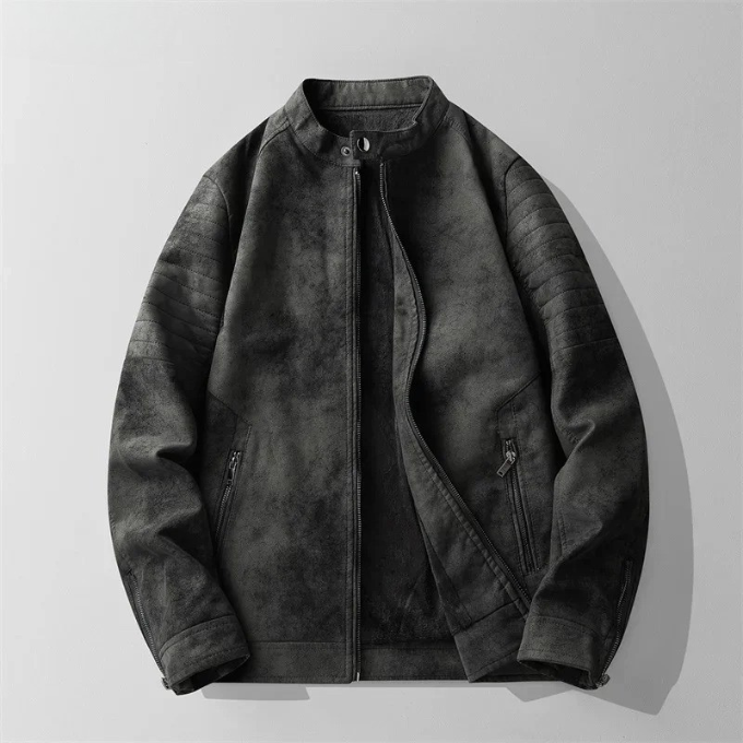 Distressed look men's bomber jacket in faux suede, ideal for casual urban wear.