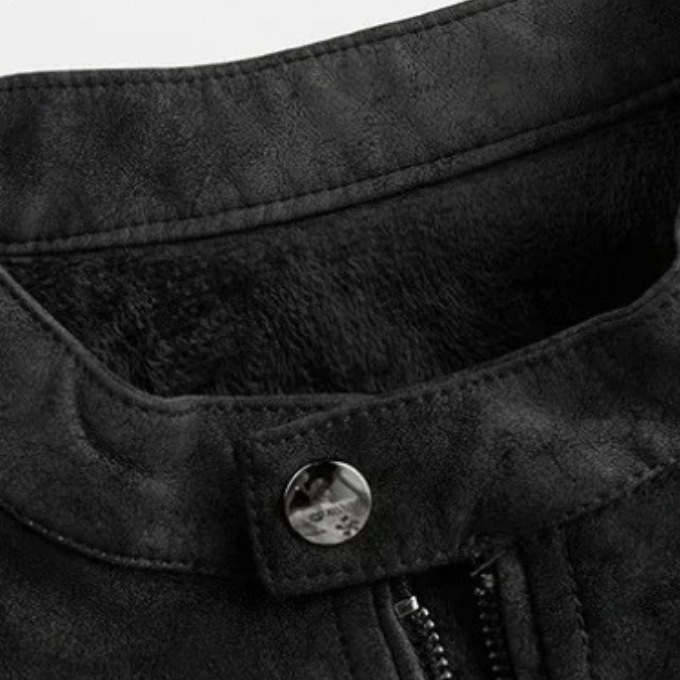 Urban wear men's jacket: a faux suede moto-style outerwear piece with a distressed finish.