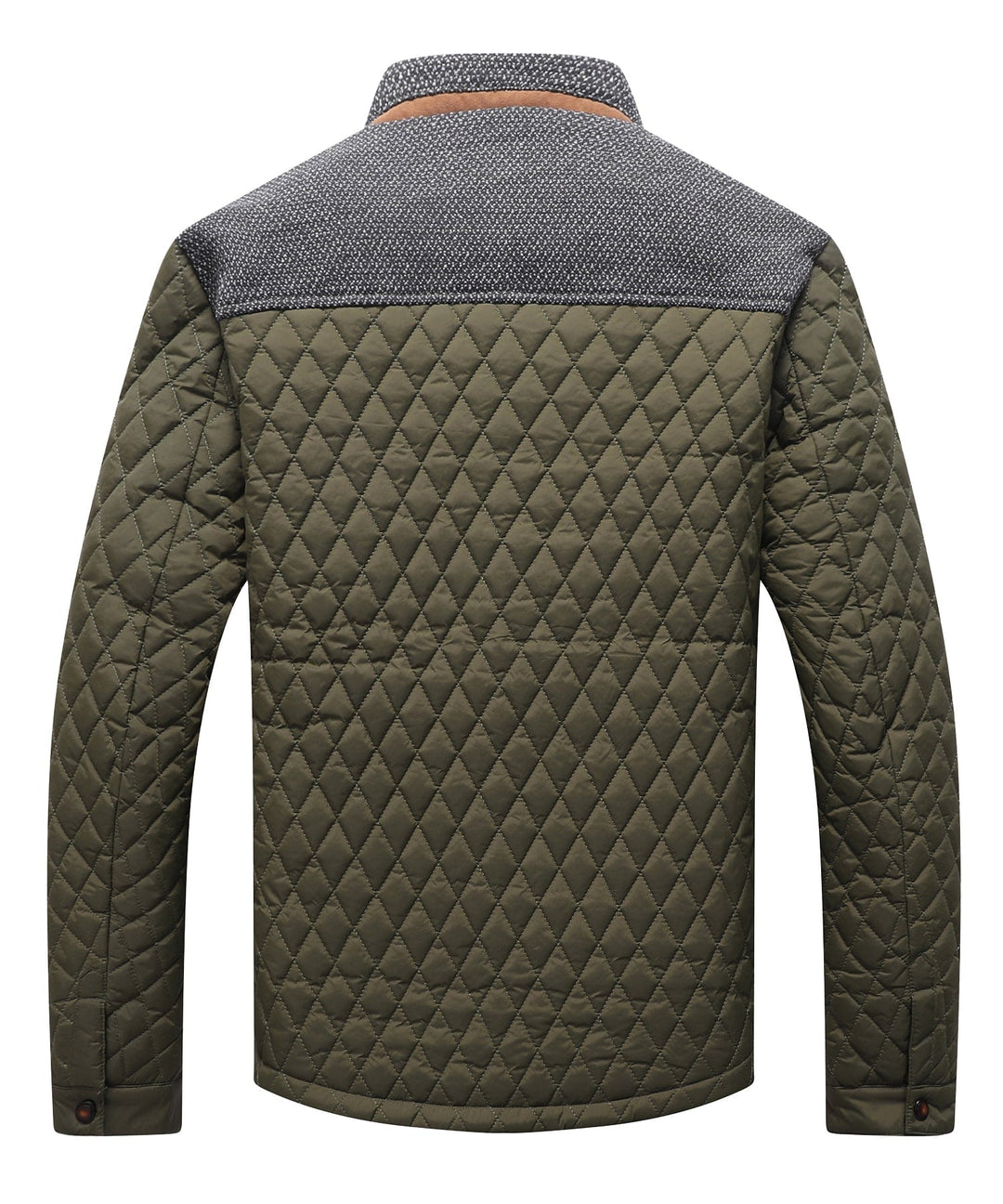 Men's performance outerwear in a neutral color, front view with hood up, ready for all weather