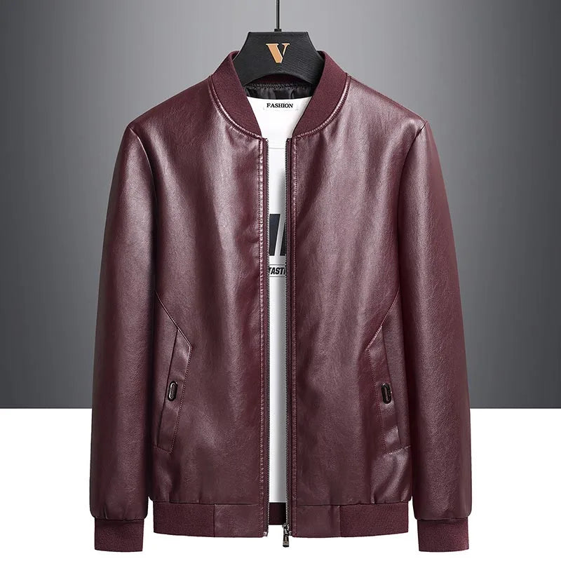 Close-up of Men's UrbanFlex Faux Leather Jacket detailing, showcasing zipper and collar design.