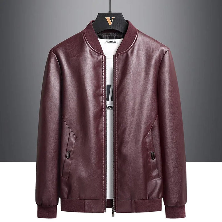 Close-up of Men's UrbanFlex Faux Leather Jacket detailing, showcasing zipper and collar design.