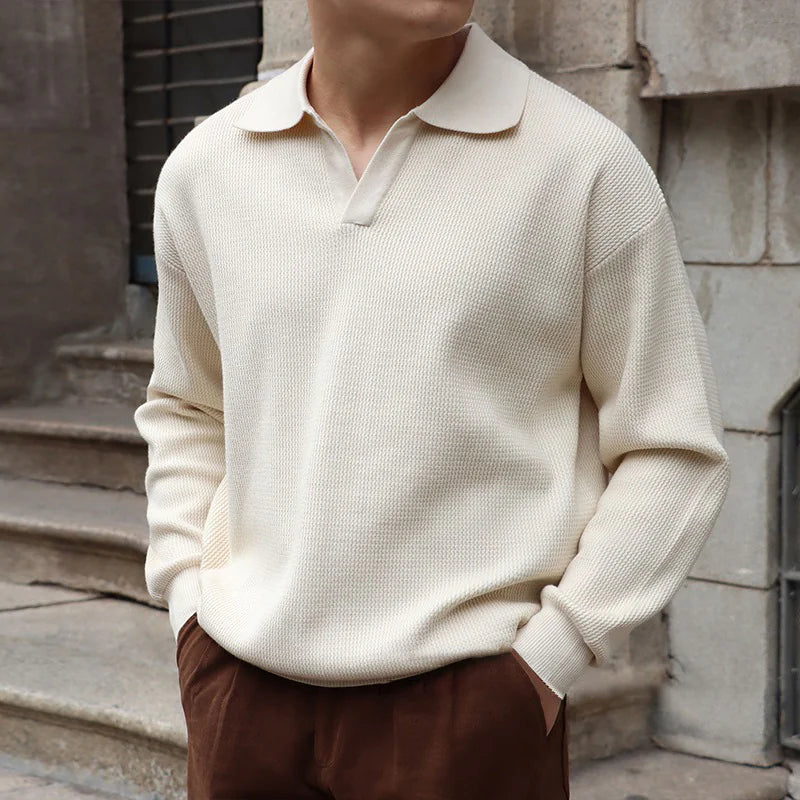 Men's V-Neck Polo Knit Sweater in premium knit for smart casual long sleeve wear
