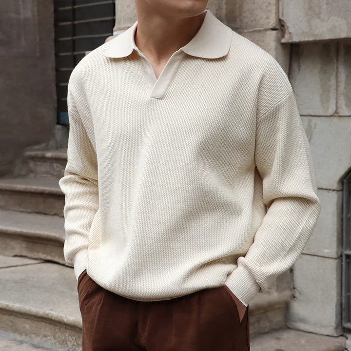 Men's V-Neck Polo Knit Sweater in premium knit for smart casual long sleeve wear