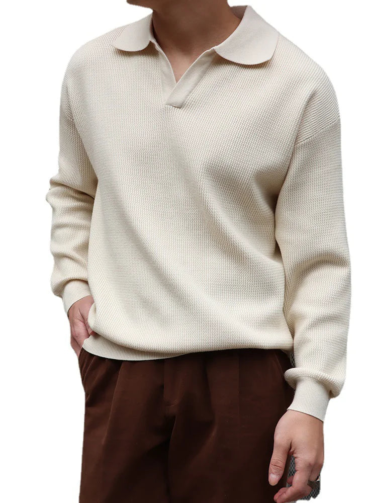 Premium knit men's long sleeve V-neck polo sweater, comfortable and breathable