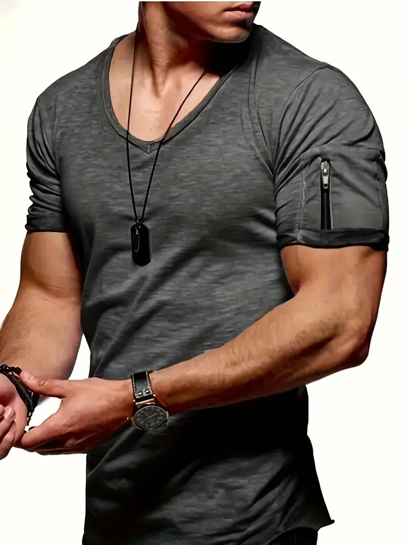 Stylish men's V-neck shirt, summer ready, with a distinctive zipper pocket.