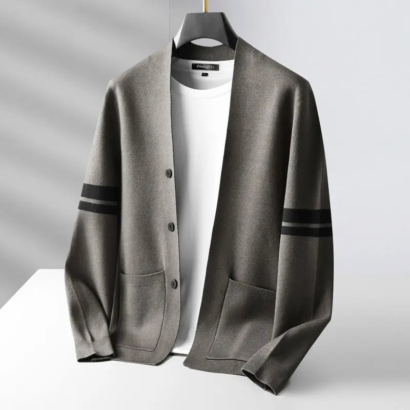 Men's Verona knit cardigan in black and gray stripe, button-up for casual layering