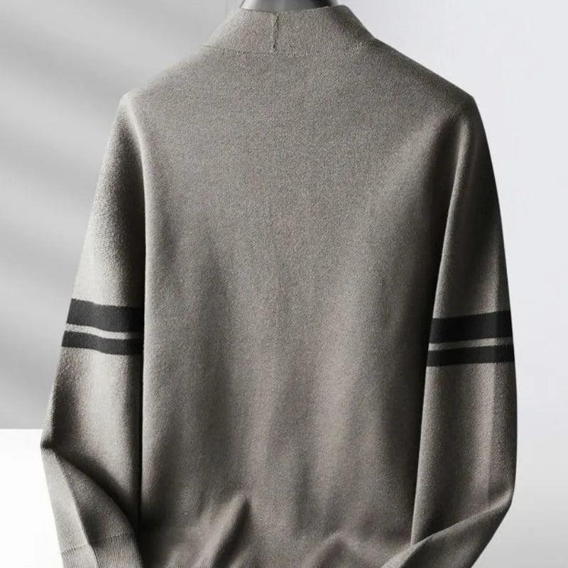 Stylish men's black and gray striped Verona knit cardigan, long sleeve, front view