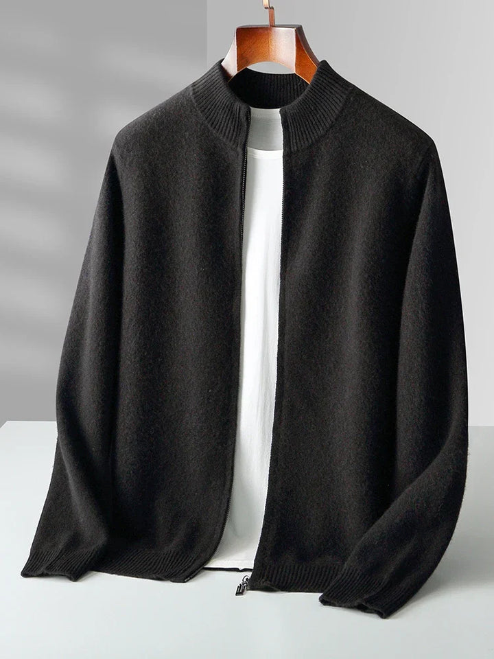 Man wearing Verona merino wool full-zip cardigan, styled for smart casual occasions.