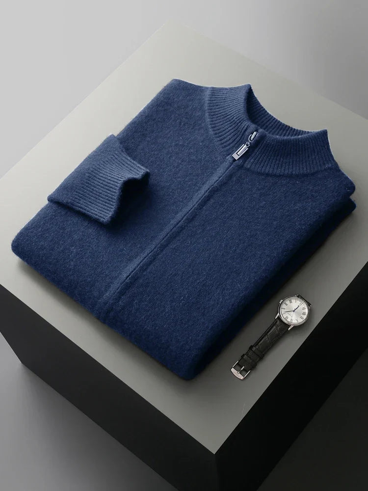 Folded Verona men's merino wool cardigan, perfect for layering in winter.