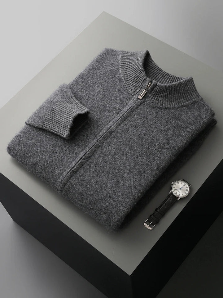 Grey Verona full-zip cardigan for men, essential merino wool winter layering.