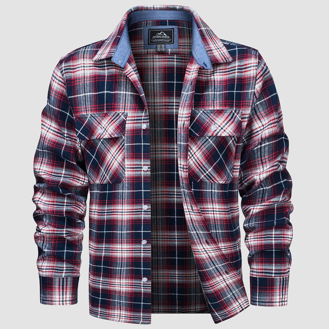 Men's Verona Plaid Flannel Shirt in red and black, long sleeve, relaxed fit, perfect for fall casual wear.