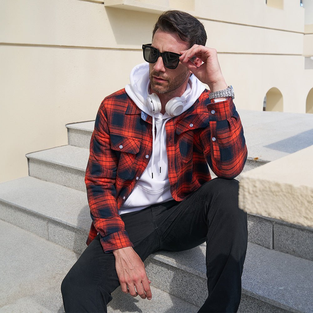 Stylish Men's Verona Plaid Flannel Shirt, worn tucked in with jeans, showcasing its versatility.