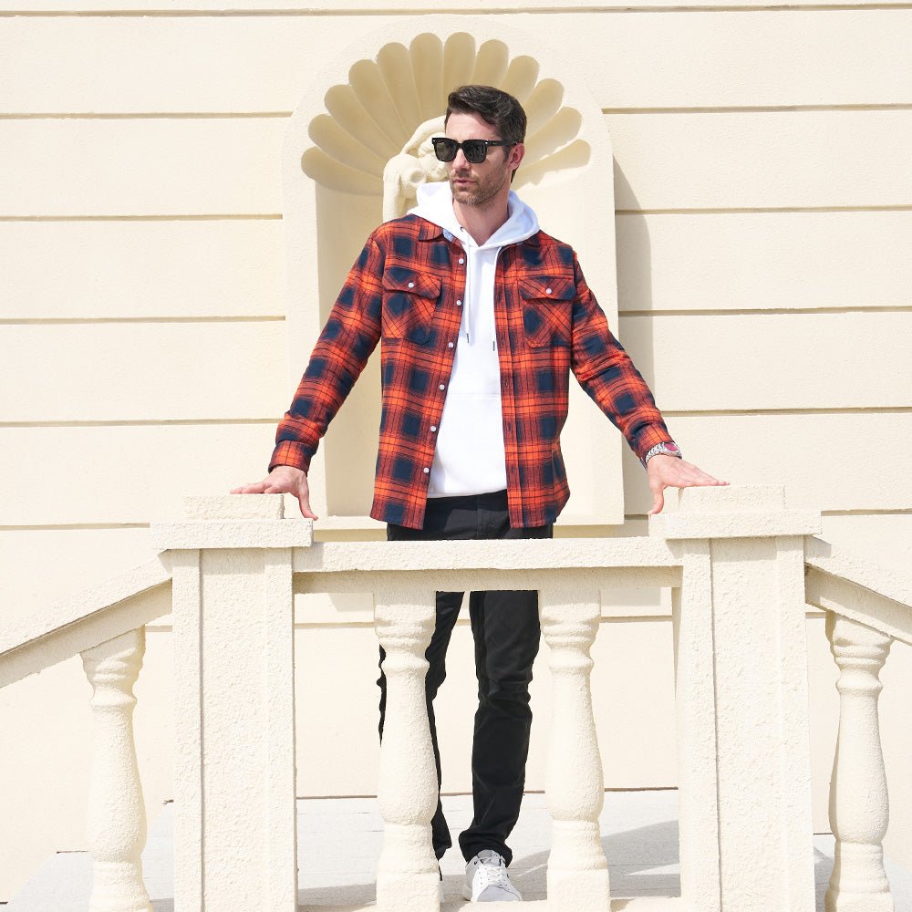 Men's Verona Plaid Flannel Shirt, rustic orange and black plaid, embodying fall fashion trends.