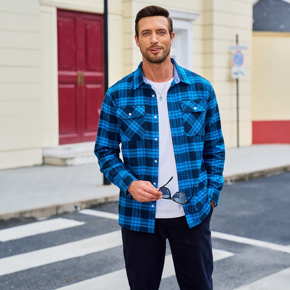 Active man fishing while wearing a durable Men's Verona Plaid Flannel Shirt, long sleeve cotton.