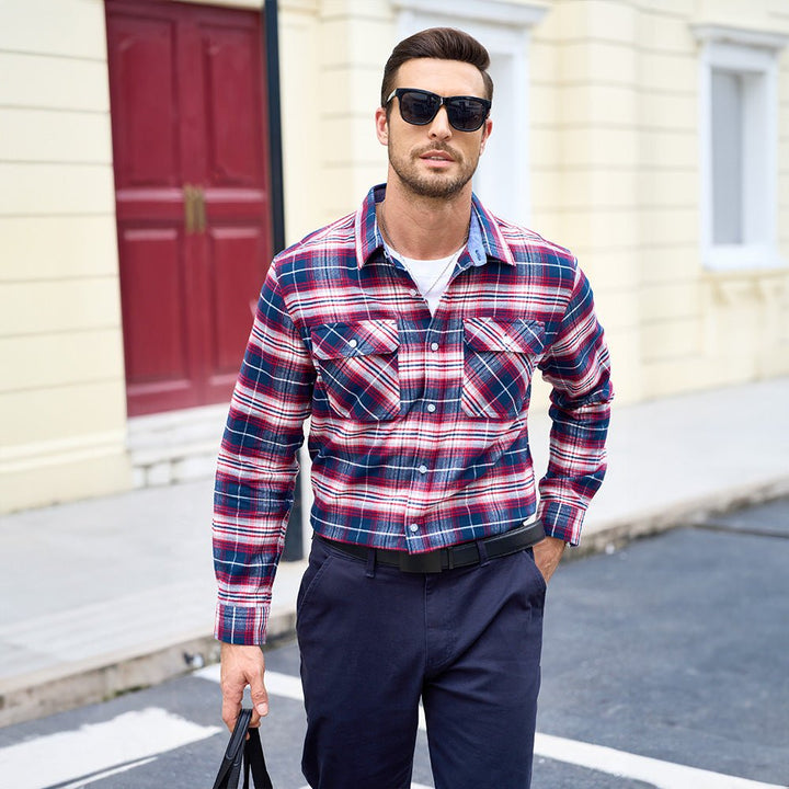 Close-up of the sleeve cuff on a Men's Verona Plaid Flannel Shirt, demonstrating quality tailoring.