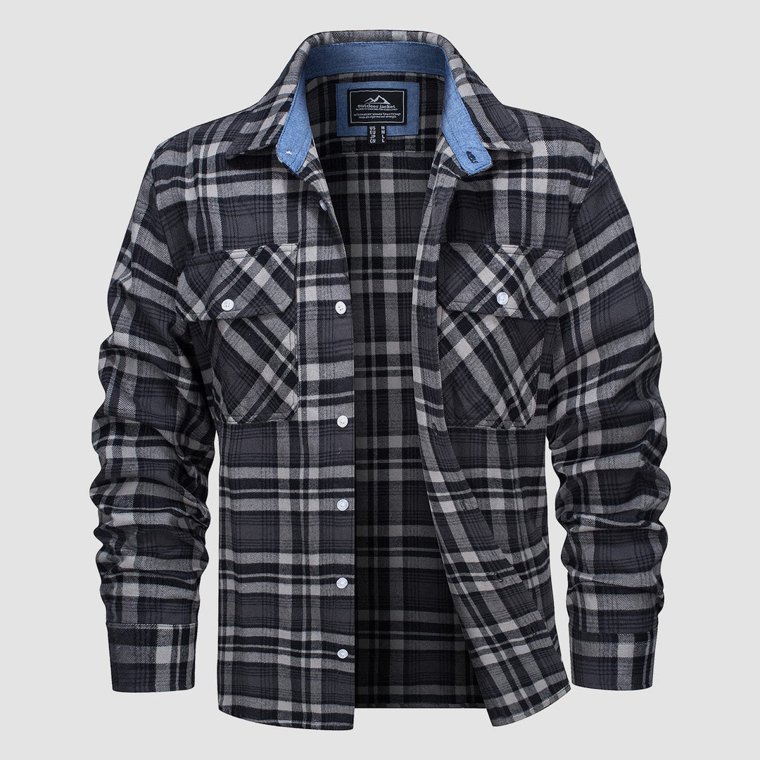 Model wearing Men's Verona Plaid Flannel Shirt, grey and black, long sleeve, casual style.
