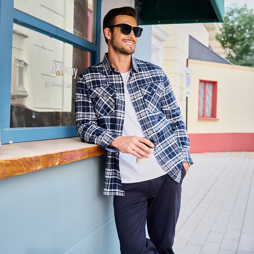 Men's Verona Plaid Flannel Shirt, unique purple and grey plaid, offering a modern twist to classic style.