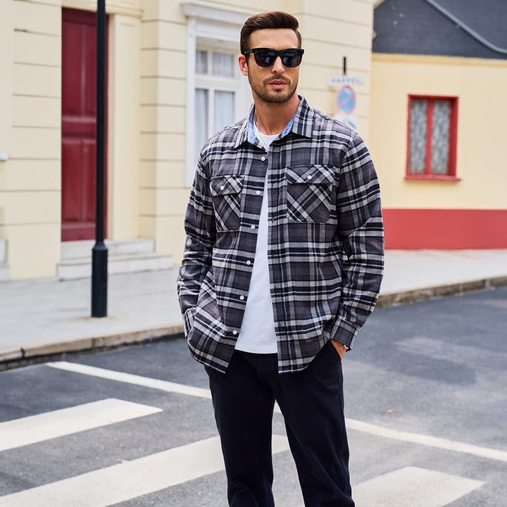 Flat lay of Men's Verona Plaid Flannel Shirt with keys and wallet, daily autumn essentials.