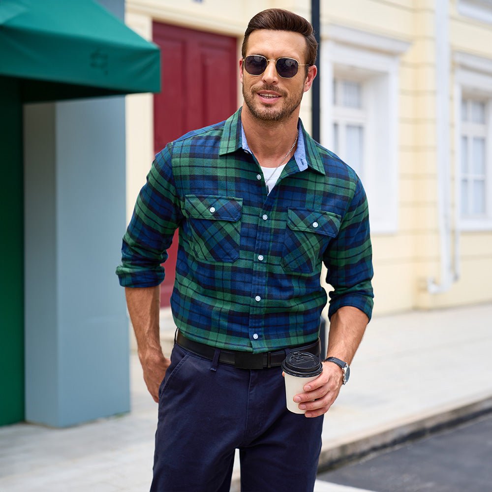 Men's Verona Plaid Flannel Shirt, light grey and black plaid, an understated but essential fall garment.