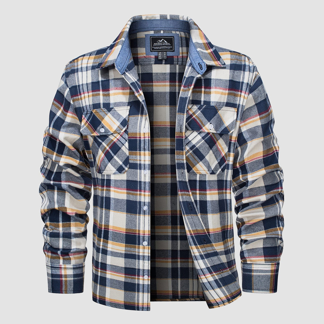 Detailed view of the fabric of a Men's Verona Plaid Flannel Shirt, showing the quality cotton and plaid pattern.
