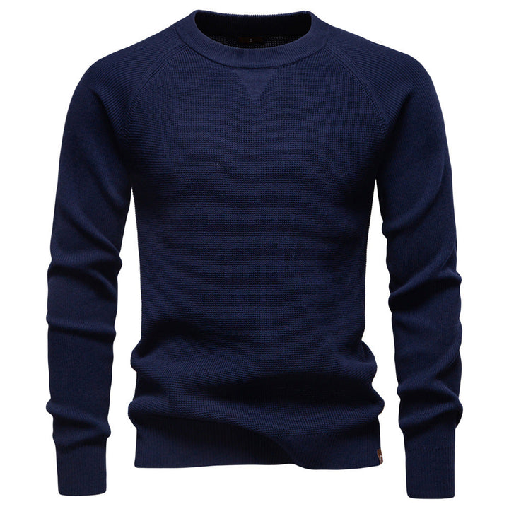 Back view of a plain men's Verona waffle knit sweater, showing its relaxed drape.