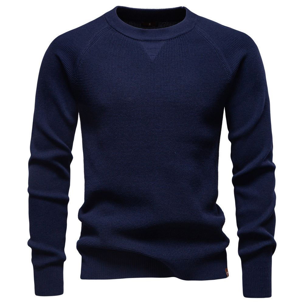 Beige waffle knit pullover sweater for men, a versatile long sleeve crew neck knitwear.