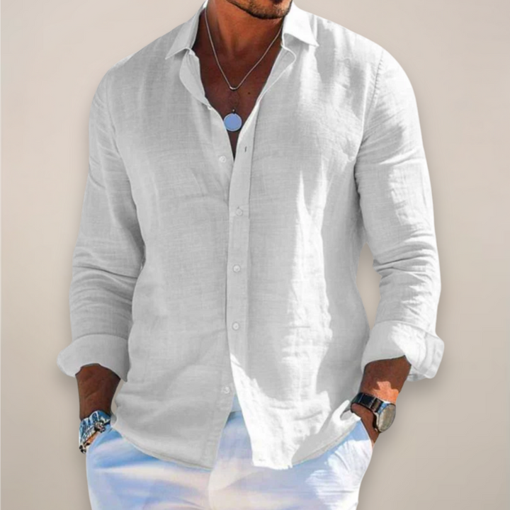Classic men's long sleeve collared button-up shirt, ideal for all-season menswear. Solid color design.