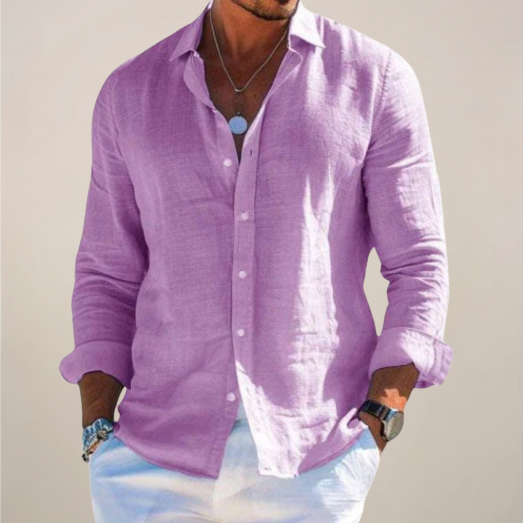Clean solid color long sleeve button-up men's shirt, offering a versatile and smart casual option for menswear.