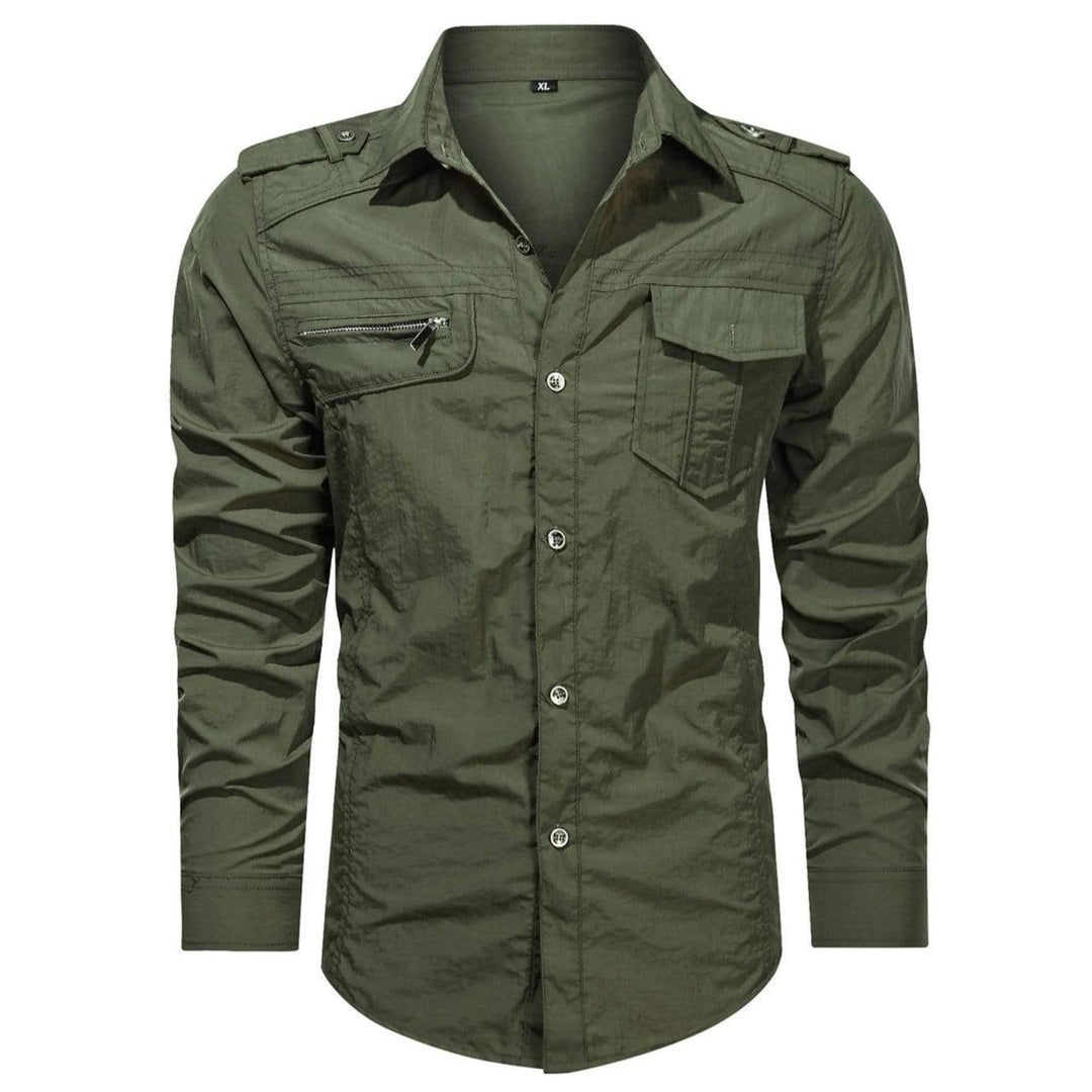 Men's versatile soft shell shirt in a neutral color, perfect for casual outdoor wear and weather protection.