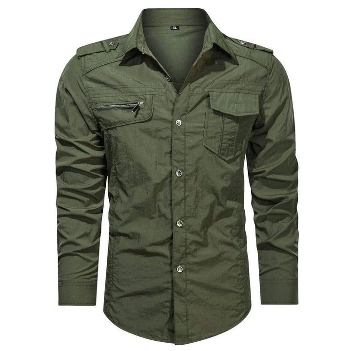 Men's versatile soft shell shirt in a neutral color, perfect for casual outdoor wear and weather protection.