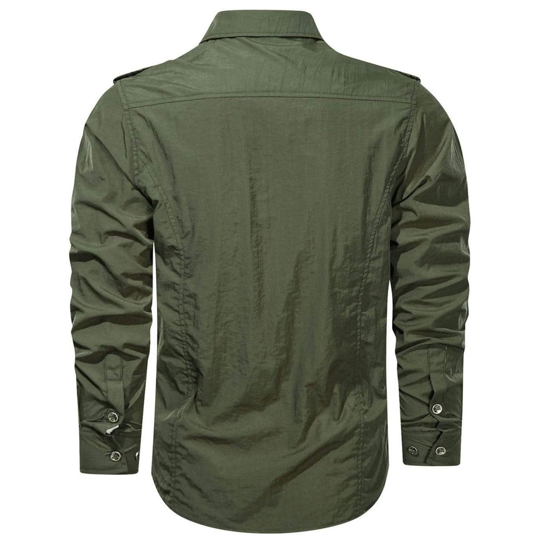 Close-up of the collar and buttons on a men's versatile soft shell shirt, highlighting its quality construction.