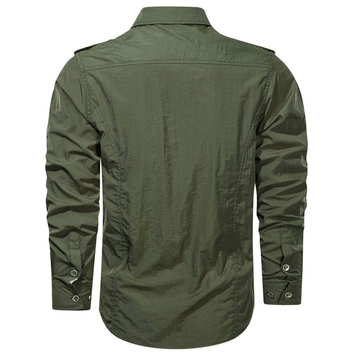 Close-up of the collar and buttons on a men's versatile soft shell shirt, highlighting its quality construction.