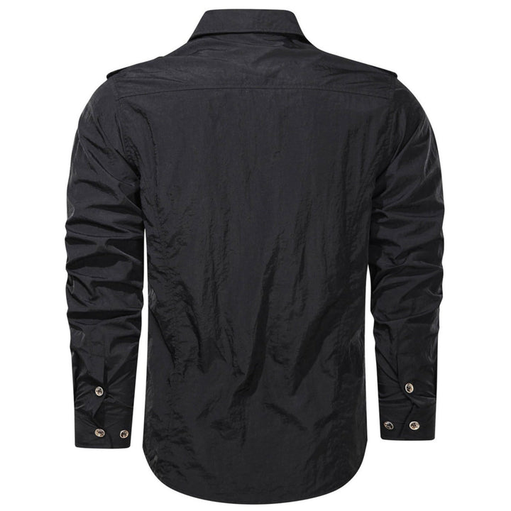 Men's soft shell shirt in a subtle blue hue, a comfortable and durable polyester shirt for all seasons.