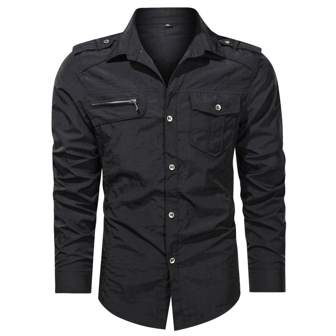 Close-up of the polyester fabric on a men's soft shell shirt, highlighting its weather-resistant quality.
