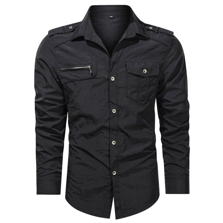 Close-up of the polyester fabric on a men's soft shell shirt, highlighting its weather-resistant quality.
