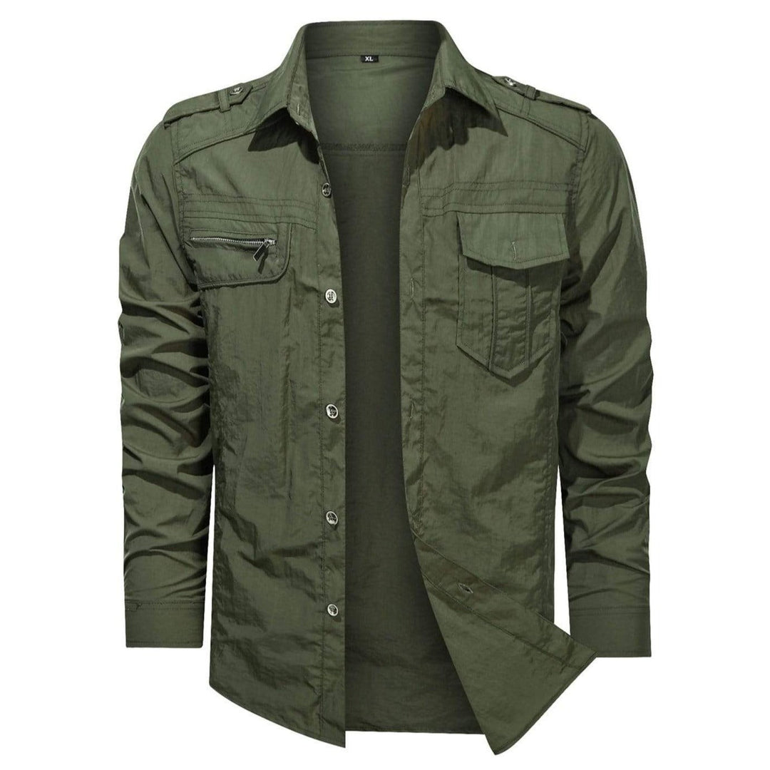 Front view of a men's versatile soft shell shirt, showcasing its classic button-up design and durable material.