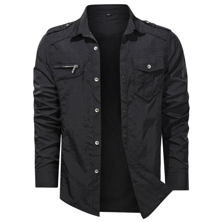Back view of a men's soft shell shirt, emphasizing the comfortable fit and functional outdoor apparel style.