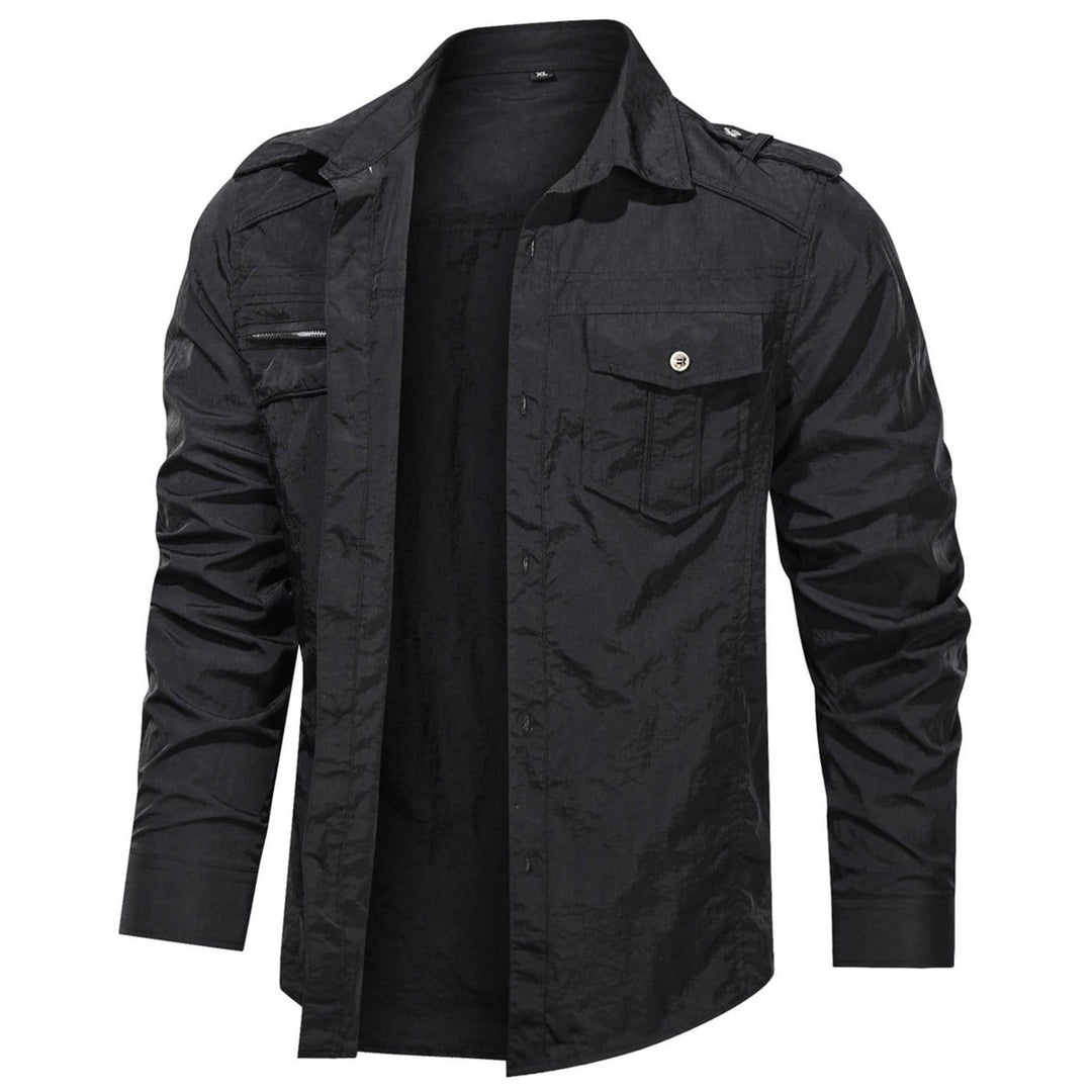 Soft shell men's shirt laid flat, displaying its full design details and versatile top features.