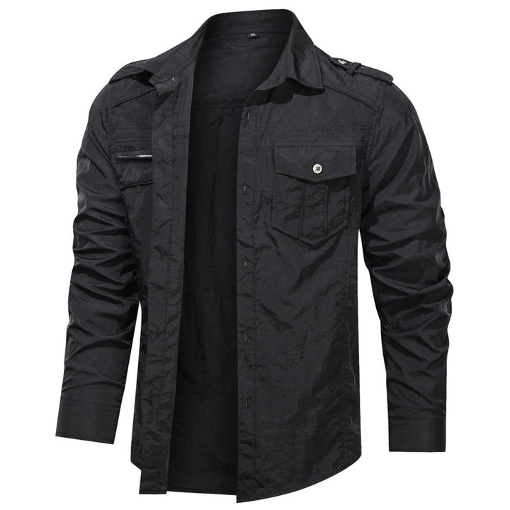 Soft shell men's shirt laid flat, displaying its full design details and versatile top features.