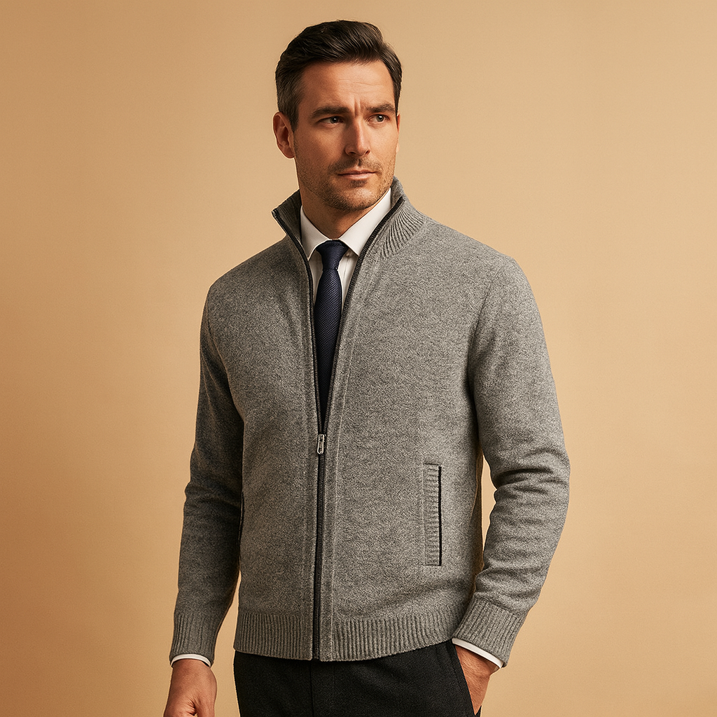 Stylish men's zipped cardigan, a versatile layering piece for modern fall fashion & casual winter outfits.