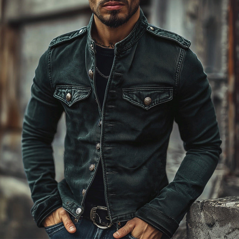 Vintage men's biker style blue denim jacket, slim fit & distressed detailing. Stand collar casual outerwear.